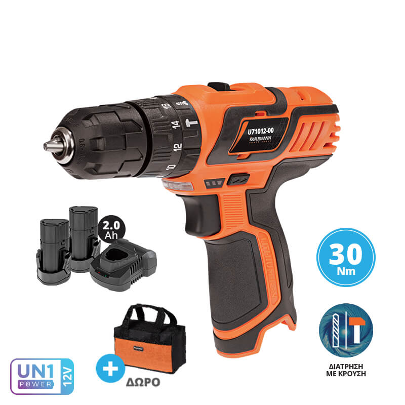 Δραπανοκατσάβιδο Κρουστικό Mini 12V + 2 Μπαταρίες 2.0Ah Με Φορτιστή Και Τσάντα Krausmann U71012-22S