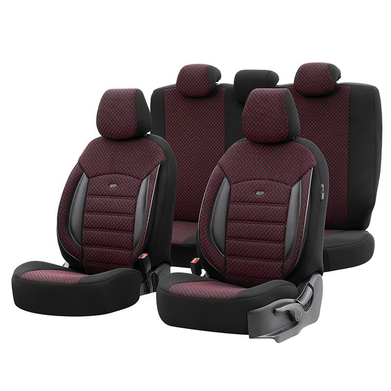 Καλύμματα Αυτοκινήτου Otom Sport Plus Design Universal Βαμβακερό Ύφασμα / Rachel / Δερματίνη Σετ Εμπρός / Πίσω 11 Τεμαχίων Μαύρο Με Μπορντό SPTPLS-103